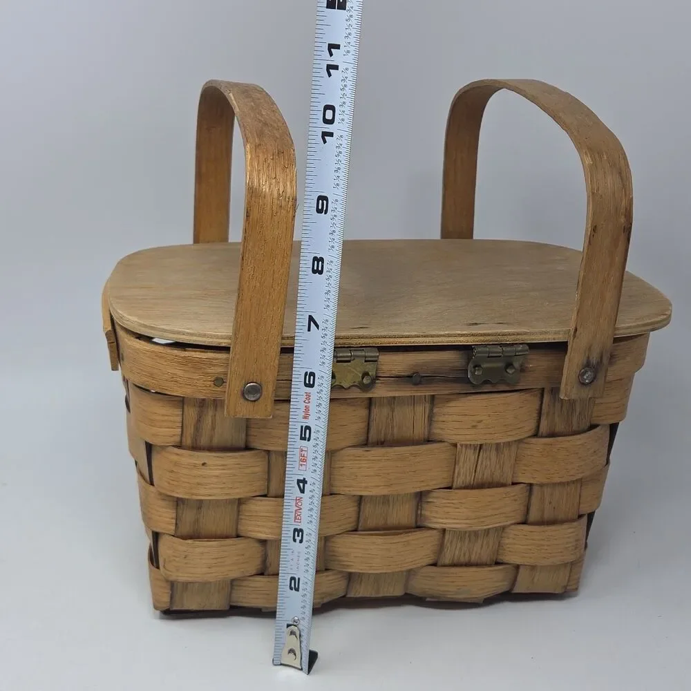 Vtg Double Handle Picnic Basket Hinged Lid Basketville Putney Vermont 10”x10”x7